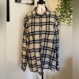 H&M Flannel Button Down Shirt men’s Medium Black Beige Plaid